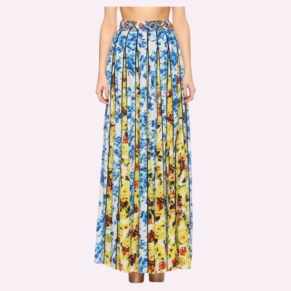 NWT Rococo Sand Romantic Florals 100% Silk Maxi Skirt Beaded Waistband Med